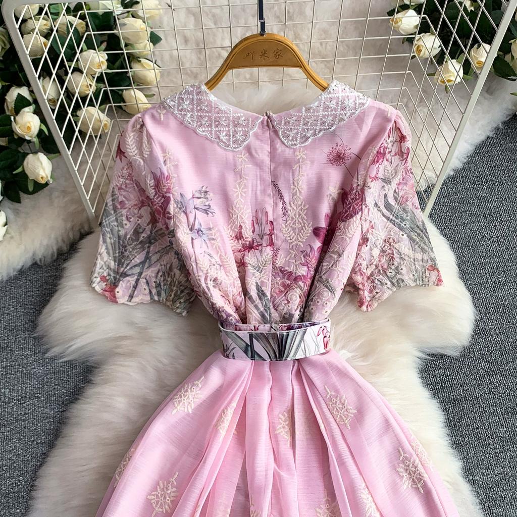 Embroidery Formal Luxury Evening Midi Dress Women Summer Beaded Peter Pan Collar Crochet Flower Hollow Out Short Sleeve Midi Dresses