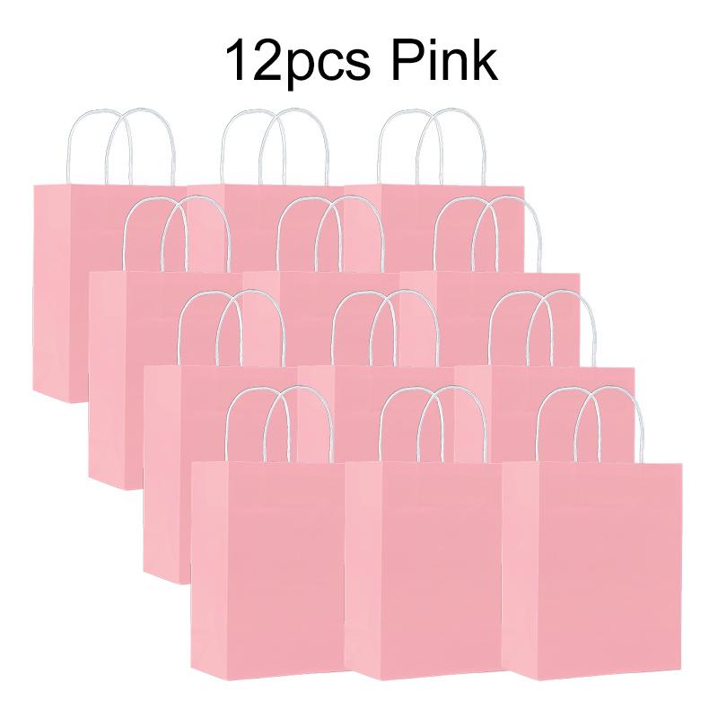 12pcs Kraft Paper Bag with Handle Solid Color Pink Rose Red Party Gift Bags Birthday Gifts Packaging Beverages Storage TMZ