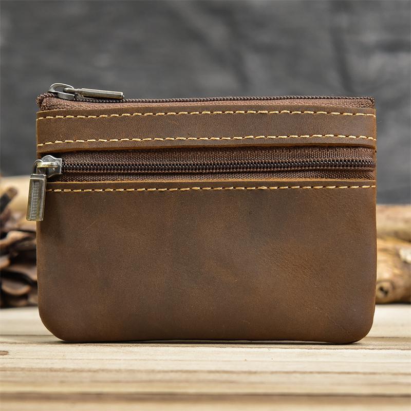 Little Coin Purse Genuine Leather Real Cowhide Men's Leather Short Wallet Mini Purse Men Women Key Wallet Card Zip With Key Ring