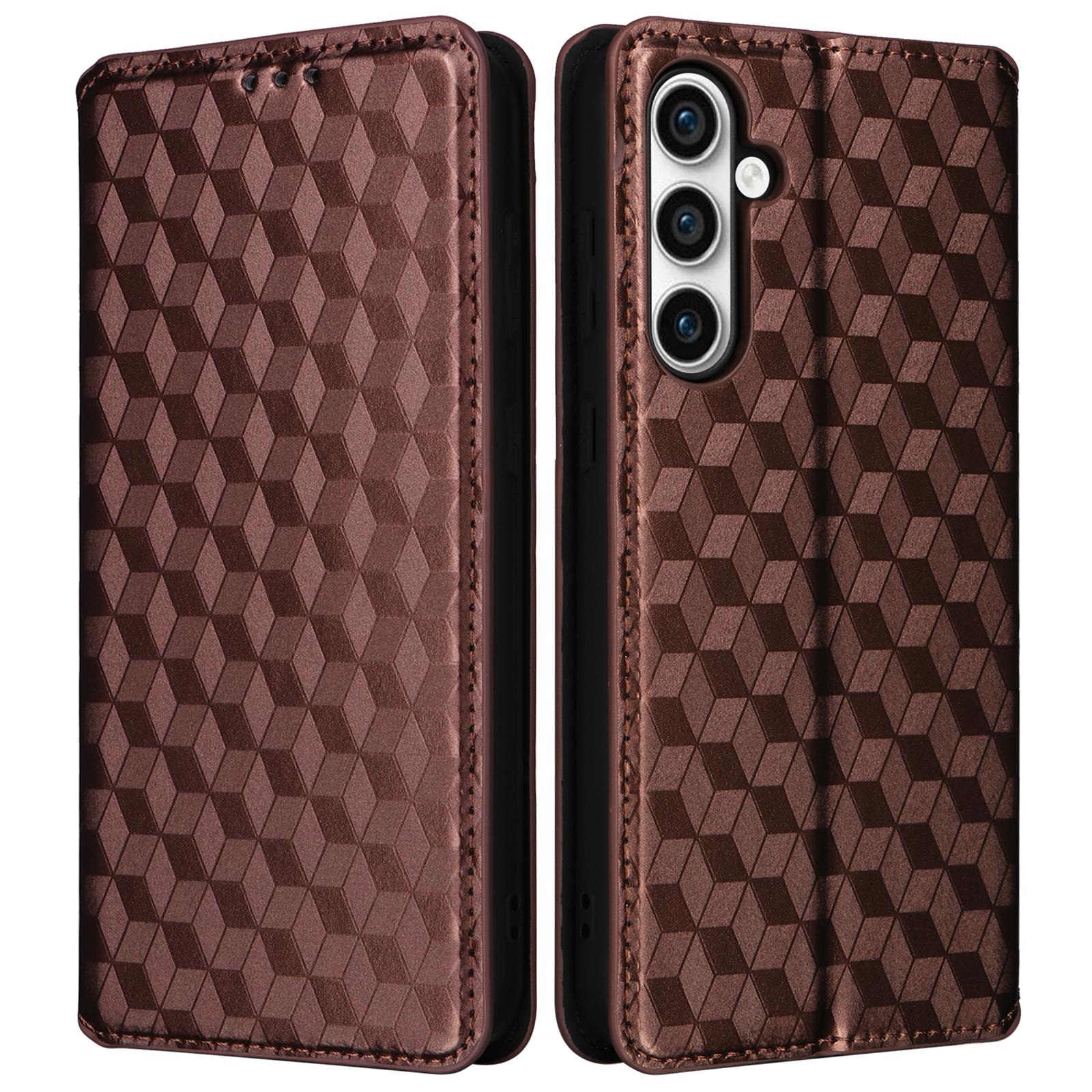 

For Samsung Galaxy S24 FE Wallet Case Rhombus Imprint Leather Phone Cover Brown