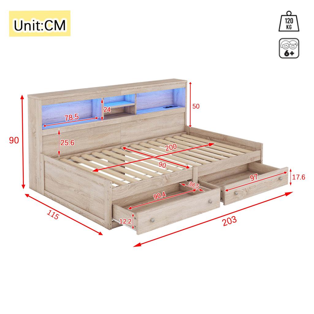 Sofa Bed Flieks 90x200 Daybed with Storage Space, Functional Bed with 2 Drawers, USB Charging Ports, Natural