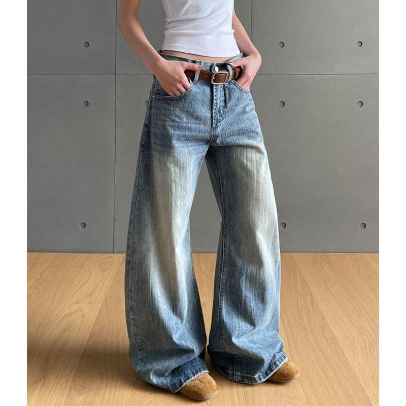 

Винтажные джинсы широкого кроя для женщин, универсальные повседневные прямые брюки, осенние модные джинсы для женщин 2025 2XL синий