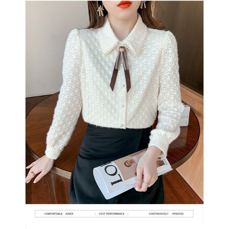 Cămașă de damă cu fundă, la modă, top în stil străin, dantelă franțuzească, catifea, cămașă de bază, primăvară și toamnă, lenjerie de corp