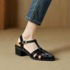 Krazing Pot Cow Skin Buckle Straps Round Toe Med Heels Oriental Design Autumn Hollow Decoration Summer Mary Janes Women Pumps