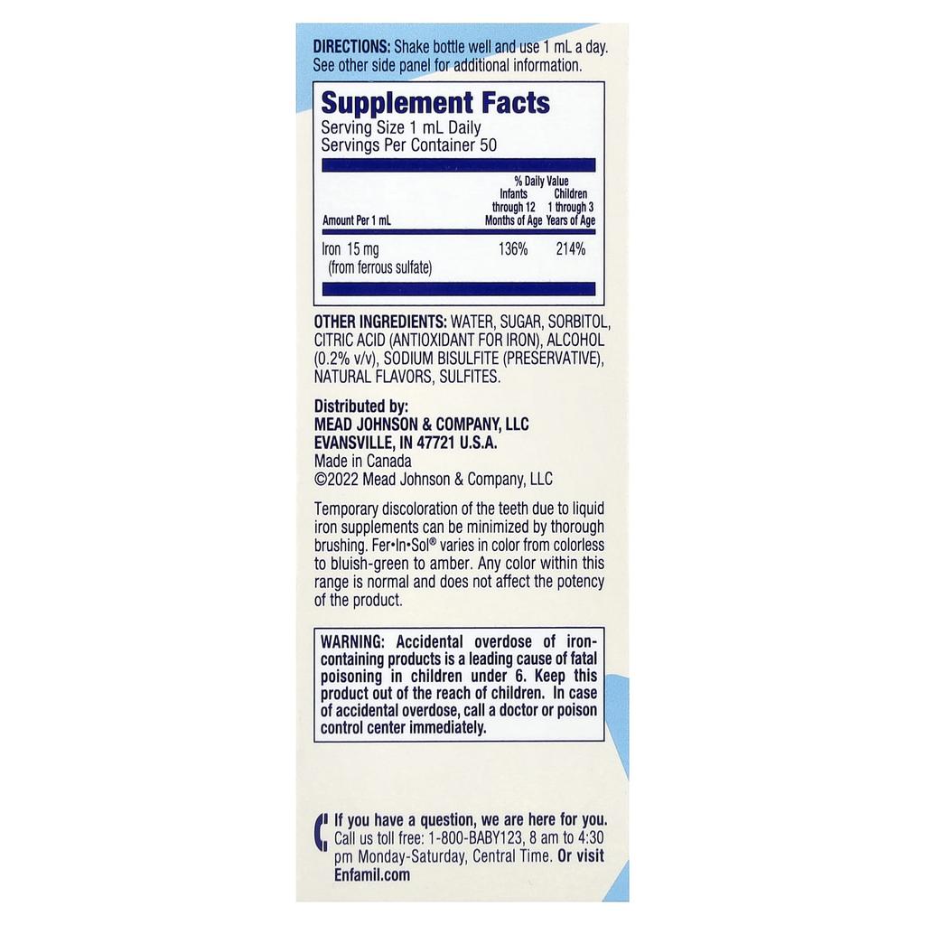 Fer-In-Sol®, Iron Drops, Active Mind, 0-24 Months, 50 mL (Per Serving)