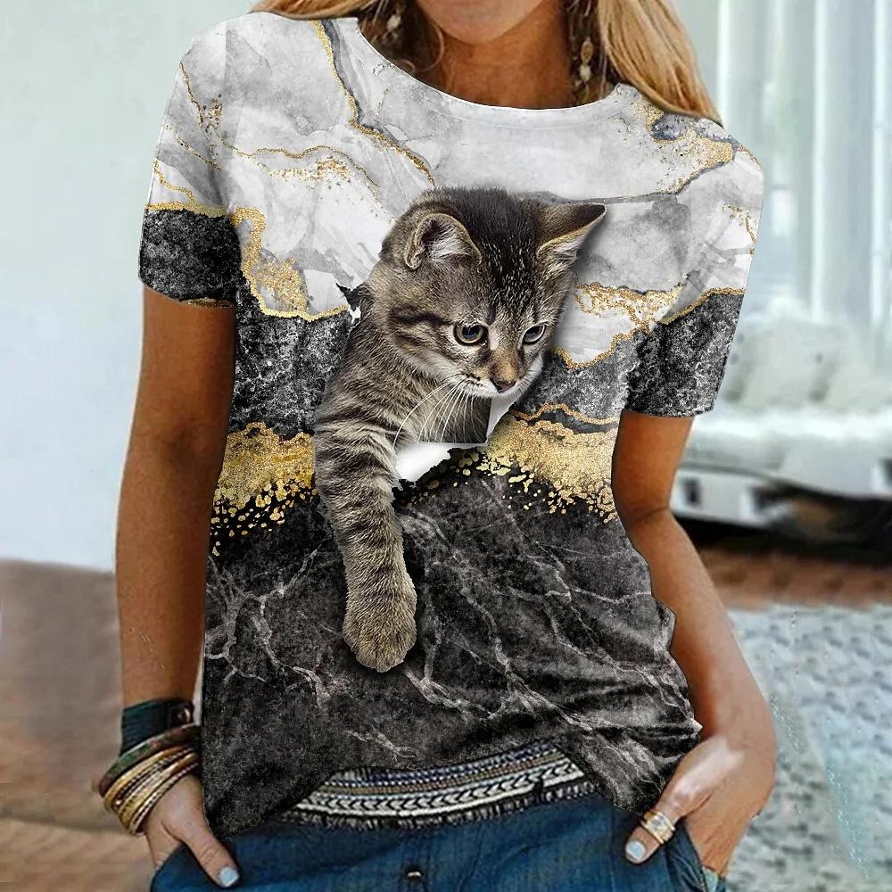Women's Cat Print T-Shirt, Cute Short-Sleeve Summer Top, Breathable Casual