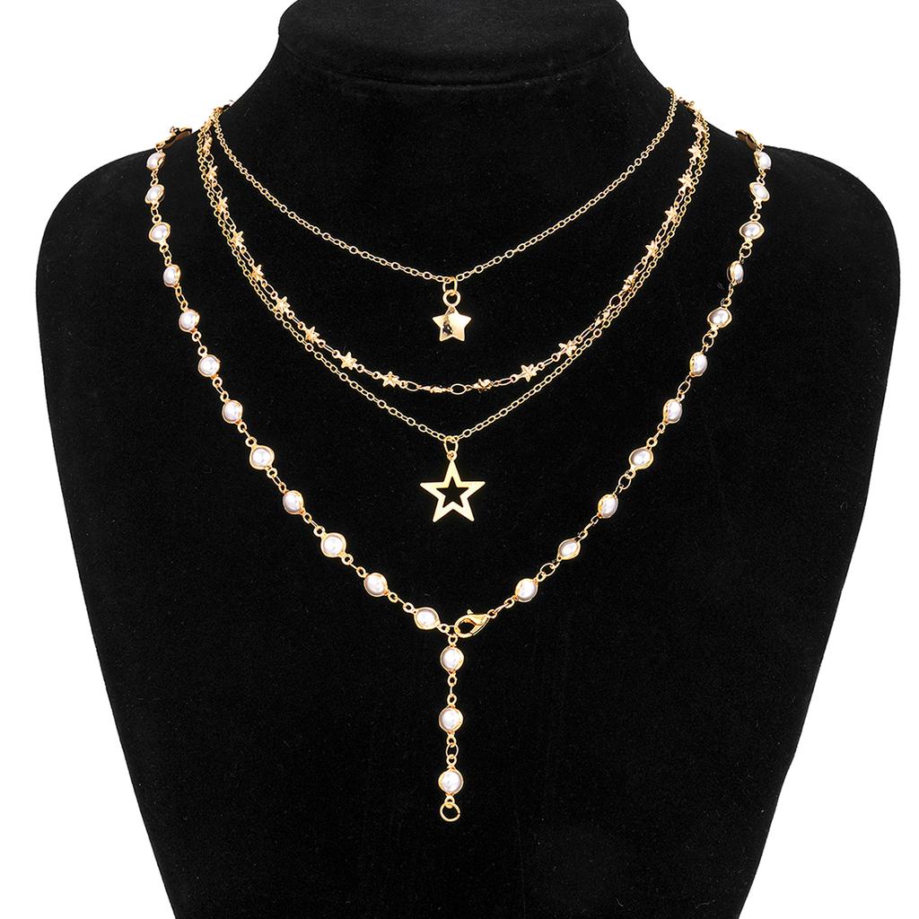 4pcs Fashion Simple Elegant Star Pendant Necklace Set Retro Pearl Y-Shaped Long Chain Necklace for Women Daily Wear Jewelry Gift