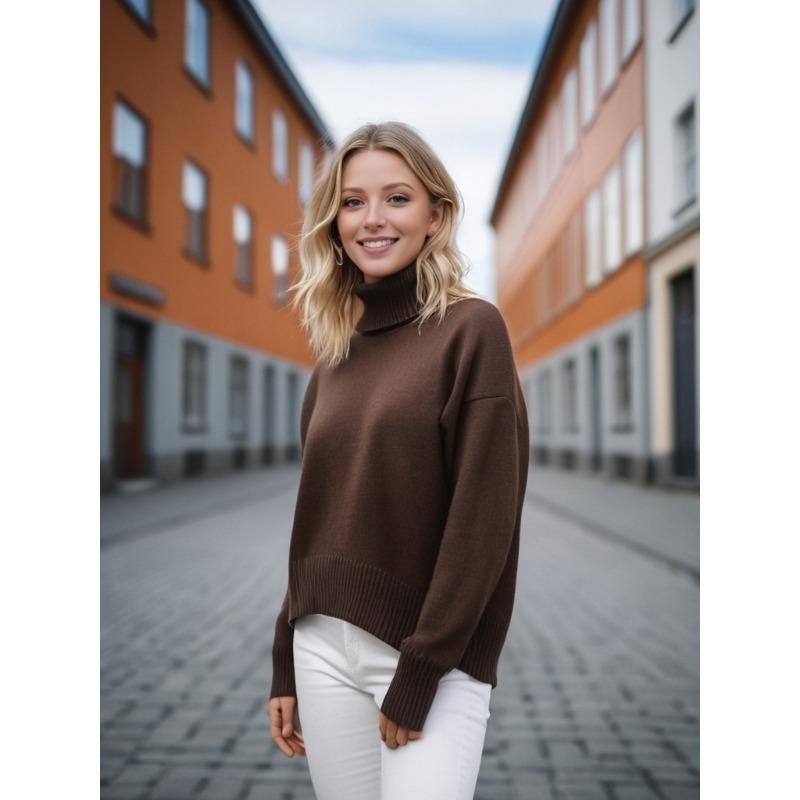 Women Trendy Oversized Solid Color Knitted Sweater Long Sleeve Vintage Casual Jumpers Turtleneck Pullover