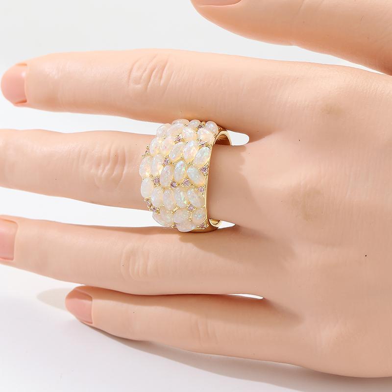 Aesthetic Inlaid Imitation Opal Stone CZ Women's Ring Trendy Gold Color Geometry Daily Wear Party Jewelry Anniversary Gift