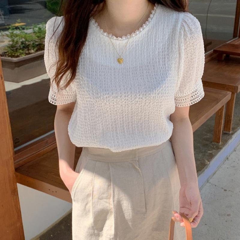 Korean Chic Women's Puff Sleeve Lace Patchwork Pleated White Summer Top