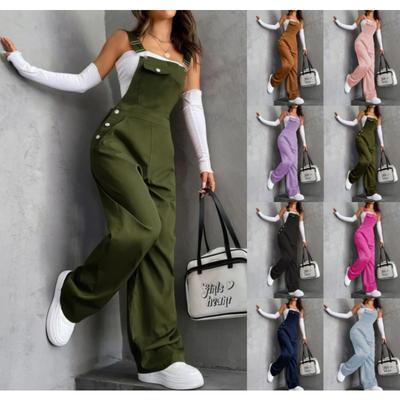Spring, Summer and Autumn One-piece Pants Vacation Seaside Retro Pocket Solid Color Straight Tooling Suspender One-piece Pants Women