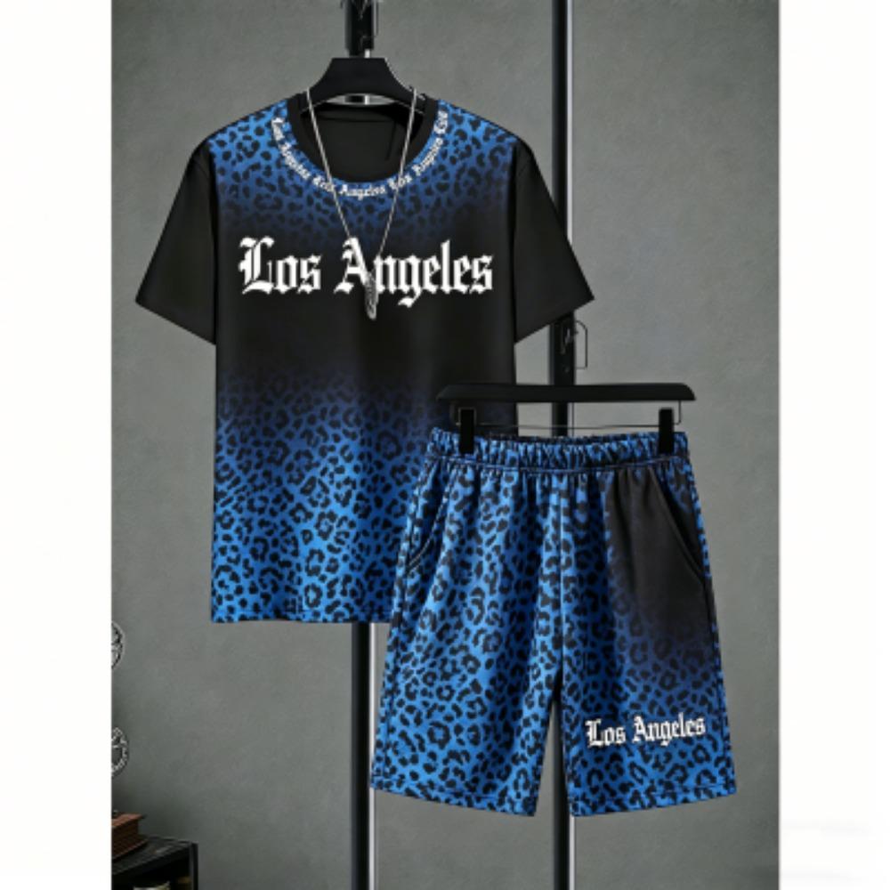 Fun Men's Set Leopard Colorful Printed Men's T-shirt and Shorts 2 Piece Set Summer Casual Outdoor Men's and Women's T-shirt Sets