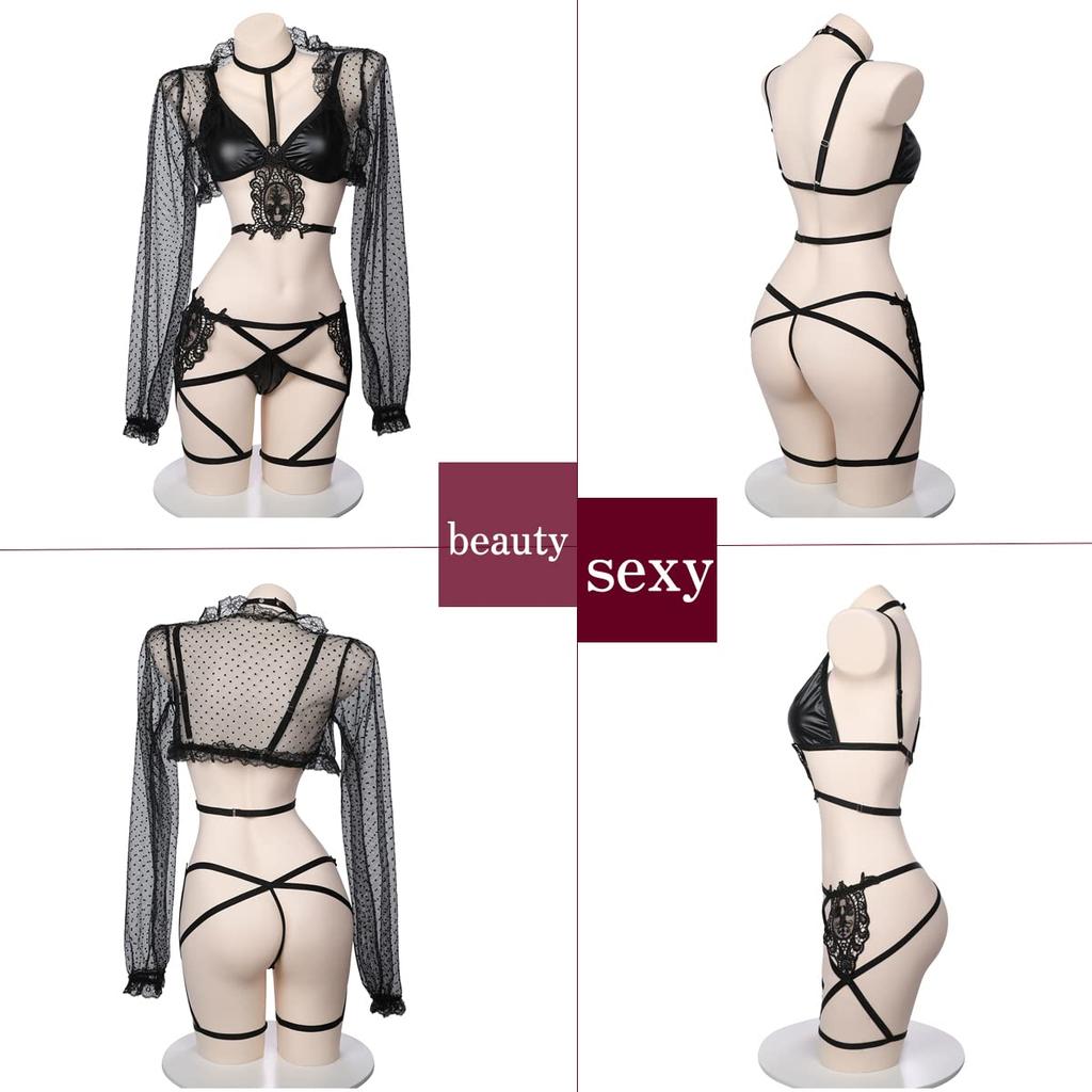 SENMHS Cosplay Sexy Bikini Underwear Leather Style PU Costume Bondage Bodycon Enamel PVC Queen Little Devil Devil Witch Fake Leather Restraint