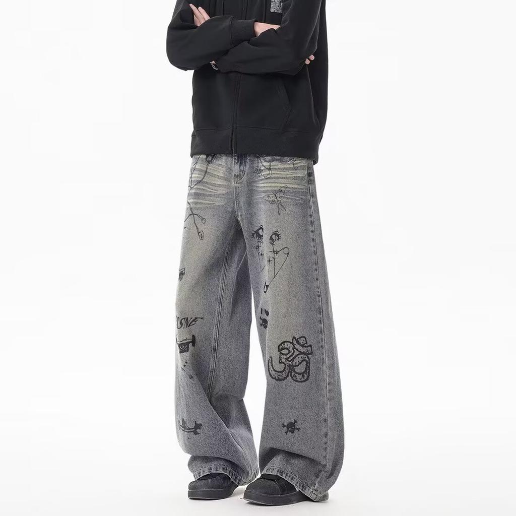 American Hand-painted Graffiti Straight Jeans Men's Summer Washed Old Trendy Brand Casual Loose Wide-leg Trousers
