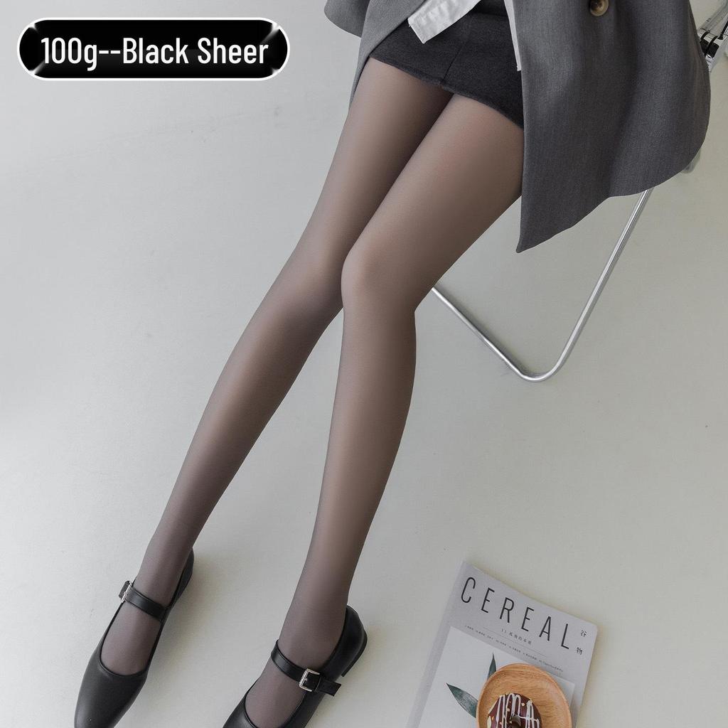 Black Silk Nude-Look Fleece-Lined Sheer Pantyhose Plus Size Leggings with Tummy Control & Hip Lift