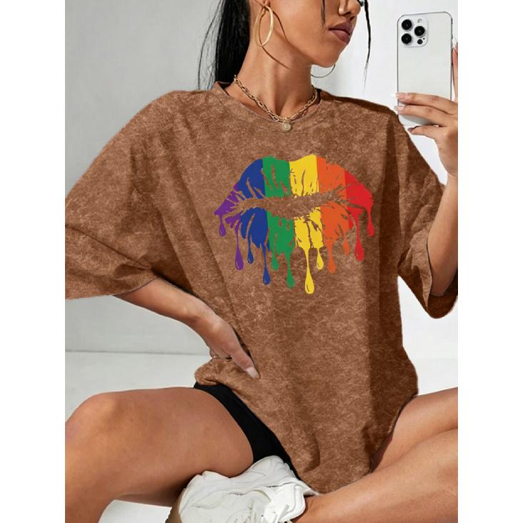 Women's Snowflake Print Short Sleeve Shirt T Shirt Rainbow lip print round neck casual elegant vintage style skin-friendly soft breathable Spring,