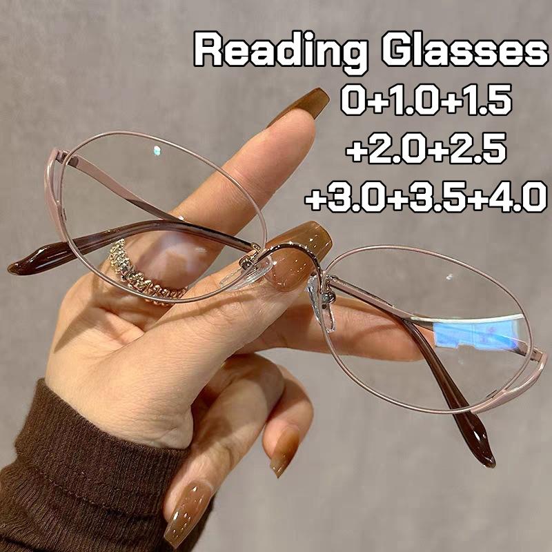 New Trends Ultra Light Elliptical Small Frame Reading Glasses Women Anti Blue Light Design with Curved Legs Presbyopia Glasses