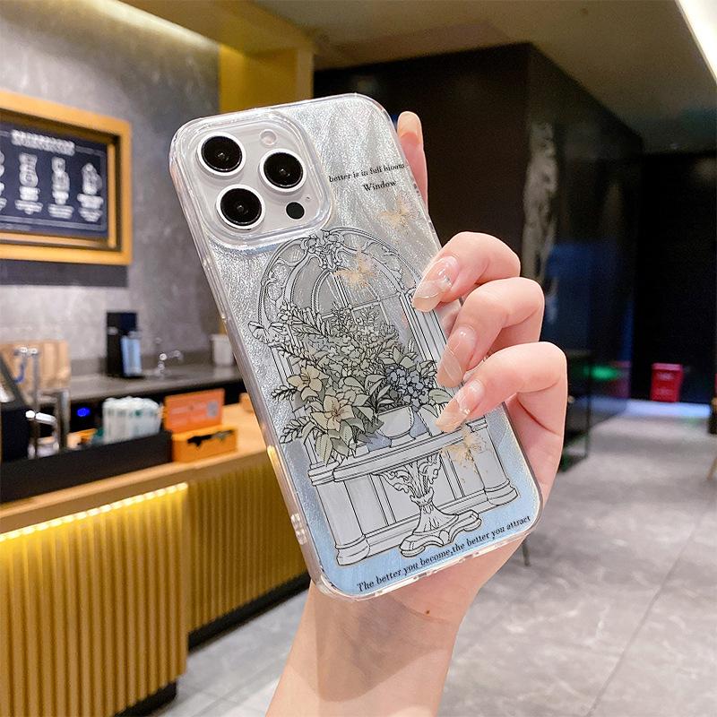 

Instagram Retro Windowsill Butterfly Flowerpot Phone Case for IPhone 16 Promax for Apple 15 Light Luxury Protective Case For iPhone 17PROMAX