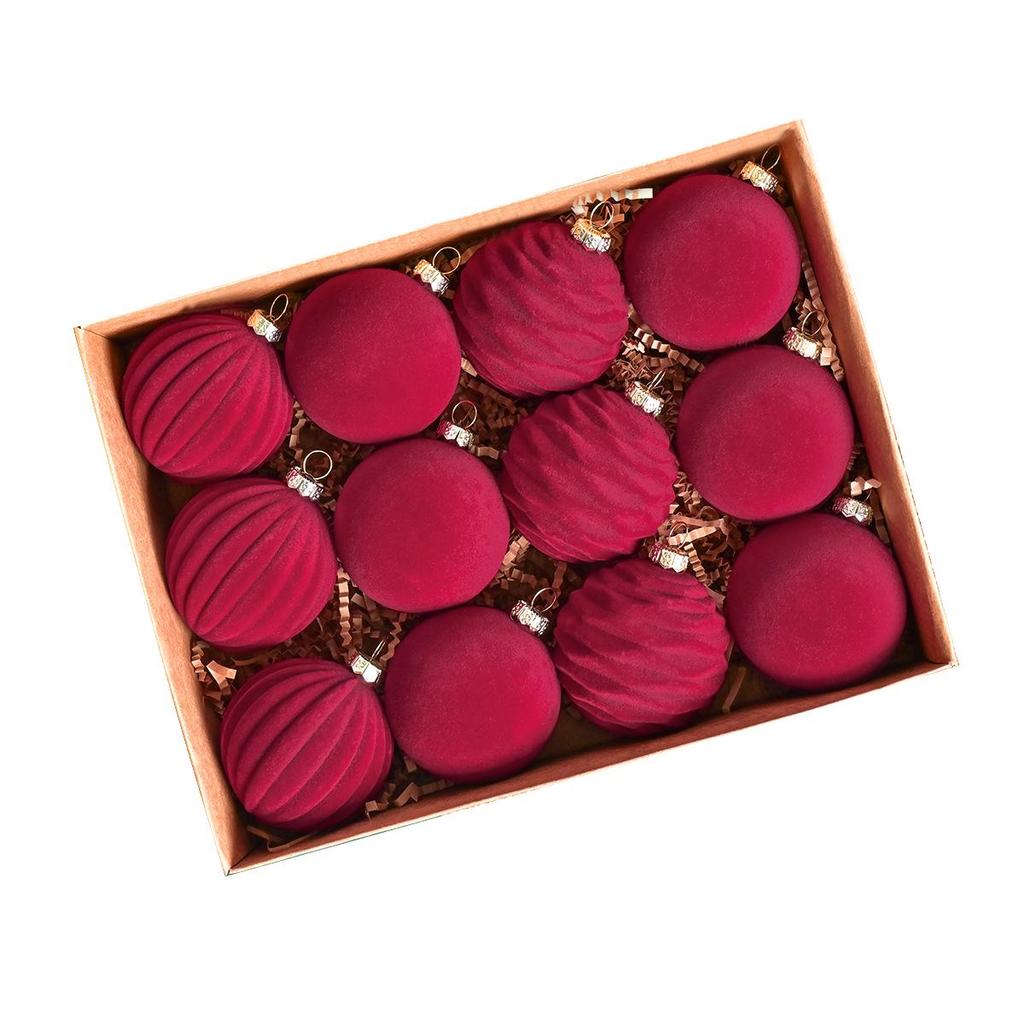 Elegant Wine Red & Dark Green Pumpkin Pattern Christmas Tree Flocking Ball Set