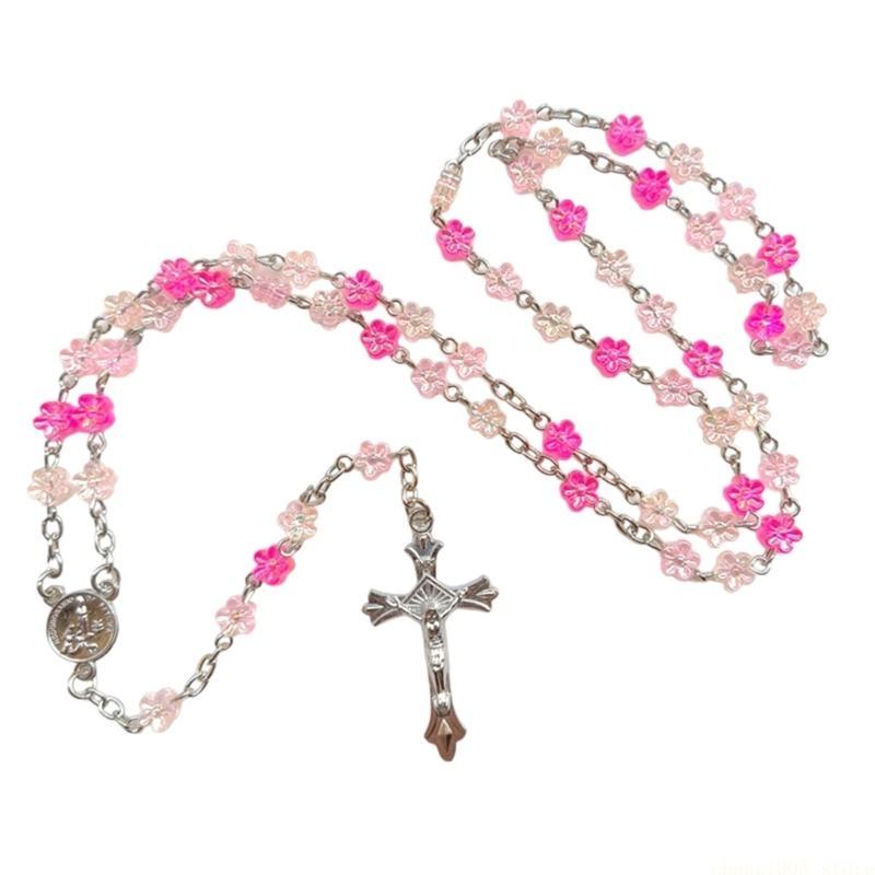 QX2E Blumenperlen Halskette Kreuze Anhänger Rosenkranz Halsketten Christlicher Langer Ketten Schmuck für Gebet Taufen Taufe