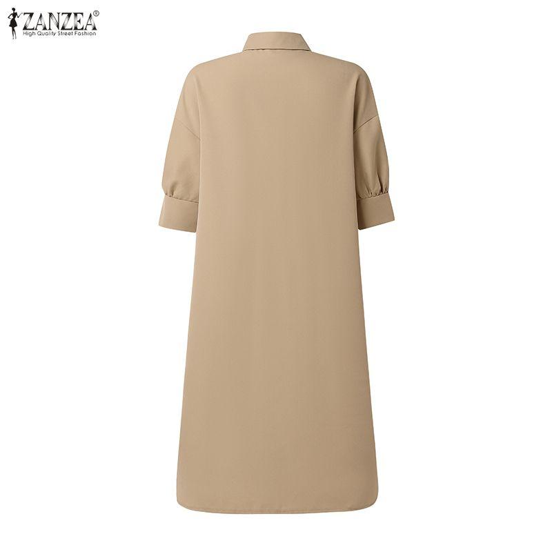ZANZEA Vestito camicia a maniche corte con colletto rovesciato casual da donna, tinta unita