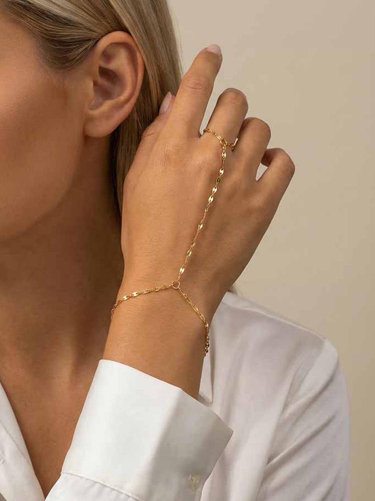 Stainless Steel Finger Ring Bracelet for Women, 18K Gold Plated Waterproof Hand Chain Tarnish Free