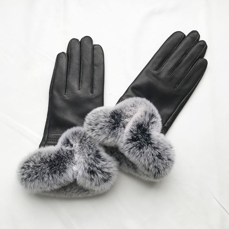 Women Winter Genuine Sheepskin Leather Glove With Rex Rabbit Fur Cuff Warm Winter Female Genuine Leather Gloves Hand Warmer