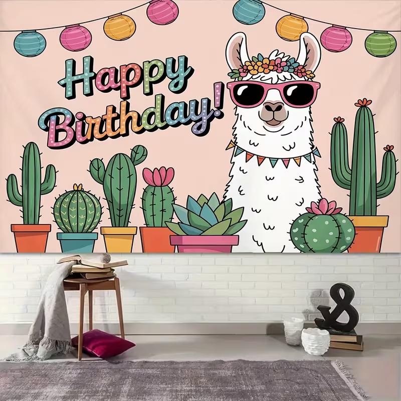 2D Cartoon Alpaca Happy Birthday Backdrop with Sunglasses & Cacti