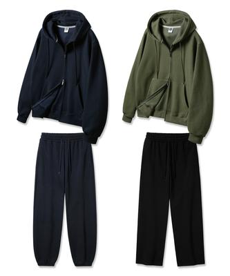 Alvinclo [Set] Plain Regular Fit Two-Way Zip-Up Hoodie / Jogger Semi-Wide Training Pants Set