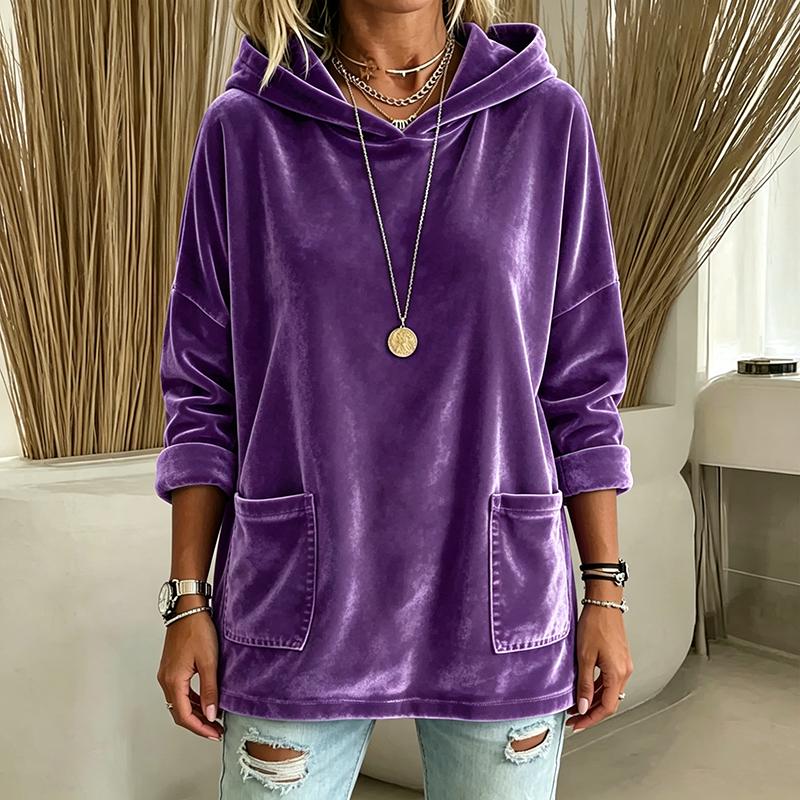 Women'S Solid Color Velvet Hoodie Oversize Long Sleeve Sweatshirt With Pockets Casual Loungewear Cozy Pullover Top