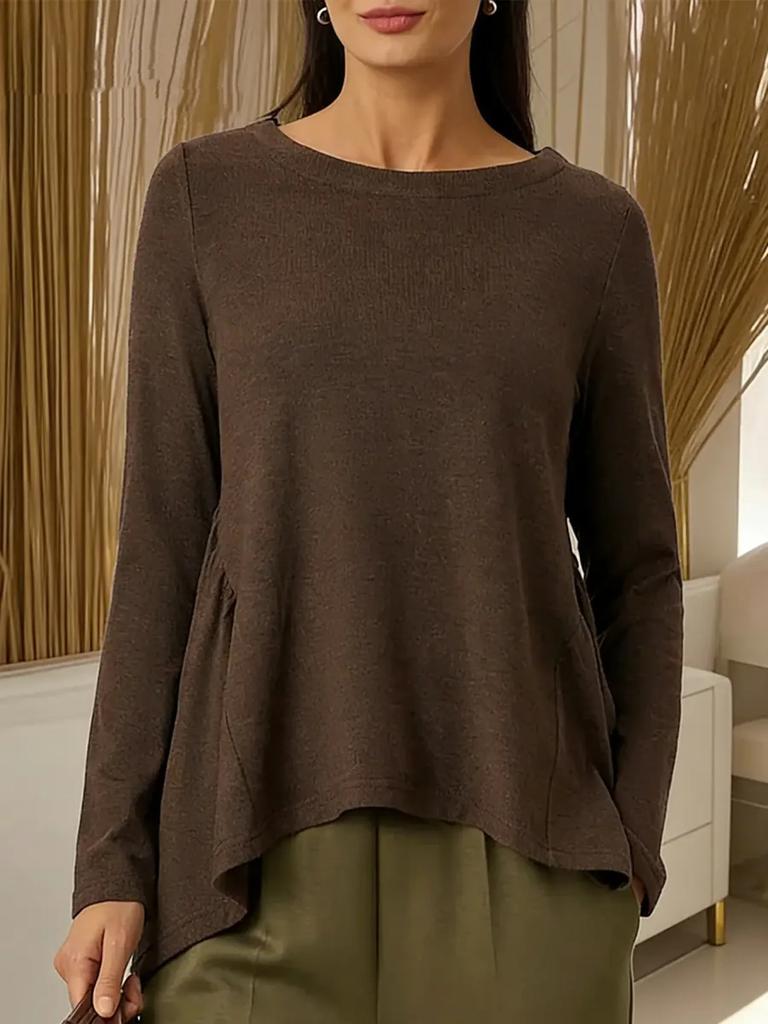 2026 Spring/Autumn New European and American Cross-Border Foreign Trade Amazon WISH Women's Crew Neck Solid Color Long Sleeve Pleated T-Shirt