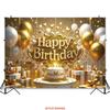 Sfondo di Compleanno 2D Oro Bianco Glitterato con Palloncini, Torta e Scatole Regalo