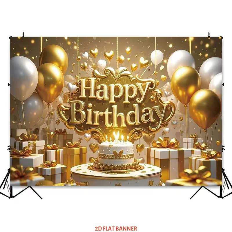 Sfondo di Compleanno 2D Oro Bianco Glitterato con Palloncini, Torta e Scatole Regalo