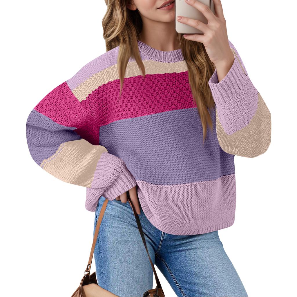 Women's Color Block Cropped Sweaters Winter Trendy Casual  Going Out Striped Pullover Tops