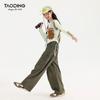 Tao Town Girls' Army Green Denim Scimitar Wide-Leg Cargo Pants - Spring/Autumn Casual Long Pants for Older Children