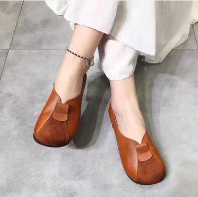Sapatos Vovó Bico Redondo Largo Outono Sapatos Mary Janes Patchwork Flats Retrô Femininos Mocassins de Couro Retrô Mãe Marrom