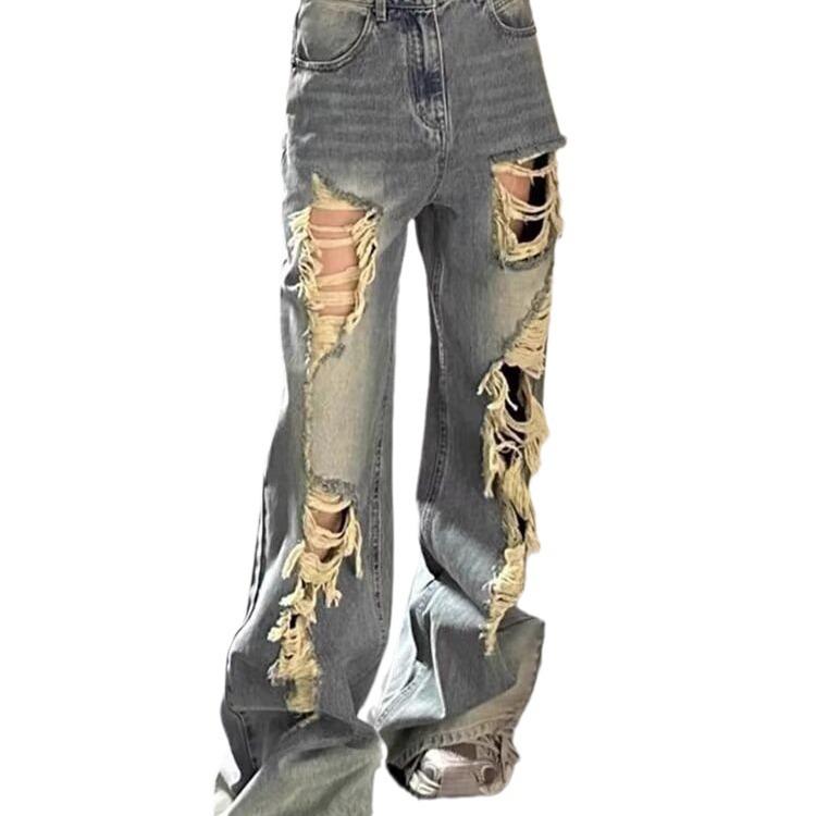 Petite Women's Retro High-Waist Ripped Jeans: Distressed, Loose, Wide-Leg