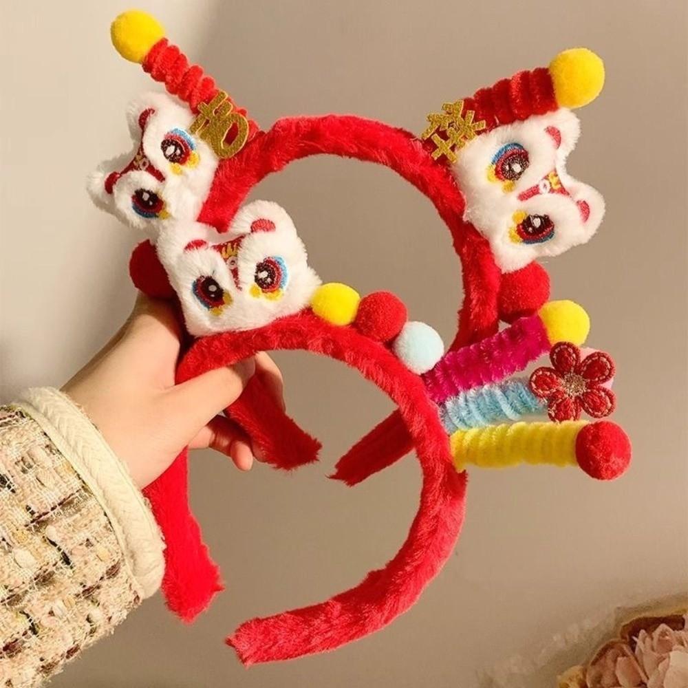 Cute Lion New Year Hair Hoop Tassel Flower Red Headband Embroidered Bow Tang Suit Hanfu Hair Accessories Girls