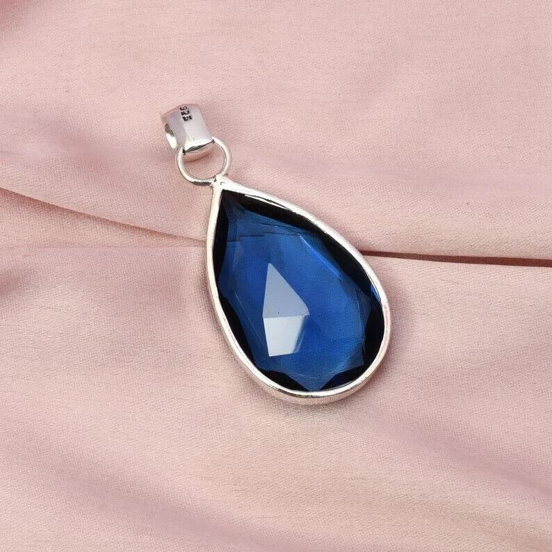 Blue Sapphire Gemstone Handmade Necklace 925 Sterling Silver Teardrop Pendant