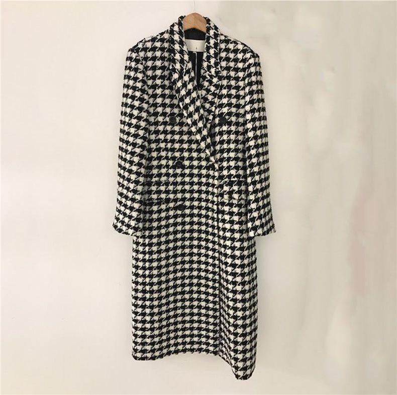 2025 Spring Korean Houndstooth Woolen Mid-Length Over-the-Knee Socialite Coat for Women