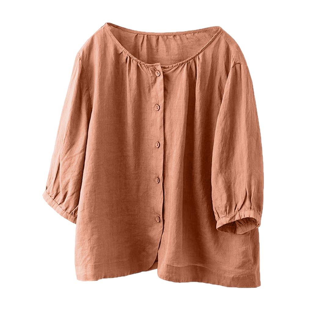 Damen Retro 3/4 Ärmel Vielseitige einreihige Leinen-Baumwoll-Bluse Lässiges lockeres Oberteil