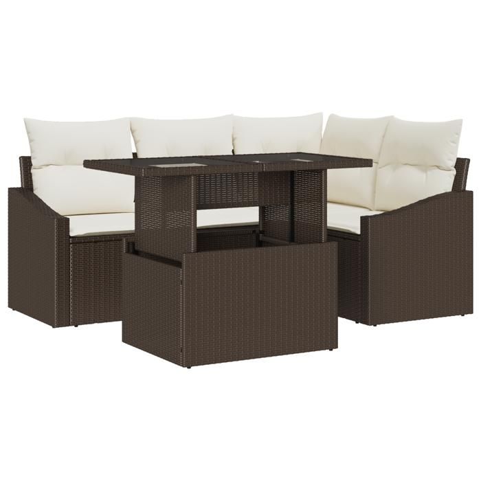 VidaXL Ensemble de 5 Canapés de Jardin avec Coussins Marron Poly Rattan 3348994