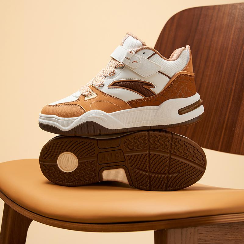 Anta Kids Synthetic Leather Fashion Versatile Lightweight Shock Absorbing High-Top Sneakers Kids Sneakers Ivory-White Lotus-Root-Brown A12448004-4