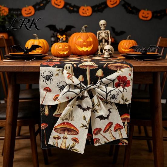 Entrance Cabinet Table Runner Halloween with Bow, Ghost Mushroom Pumpkin Skeleton Print Runner, 13 Party Supplies x 70 Inch Spooky Kitchen Dining