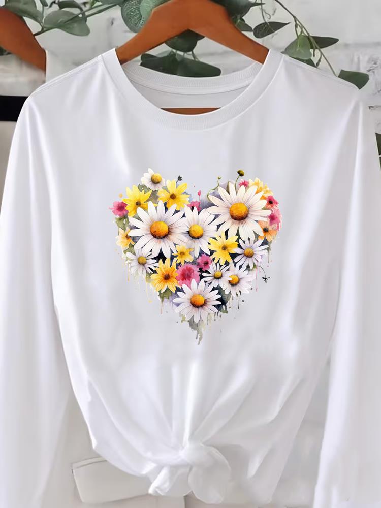 (Asian Size) O-neck Women T Shirt Tee Lady Watercolor Flower Trend Printed Female Clothing Casual Fashion Top Long Sleeve  Graphic T-shirts