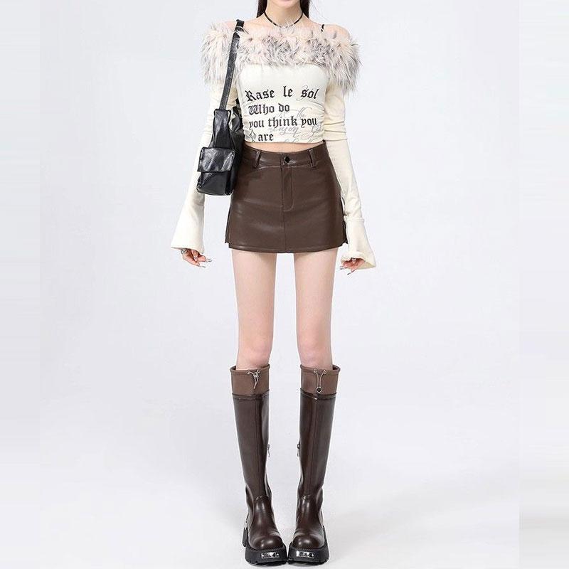 Women's Pu Leather Skirt Y2k High Waist Slit A-line Shorts Mini Skirt Slim Fit Female Clothing Autumn Winter