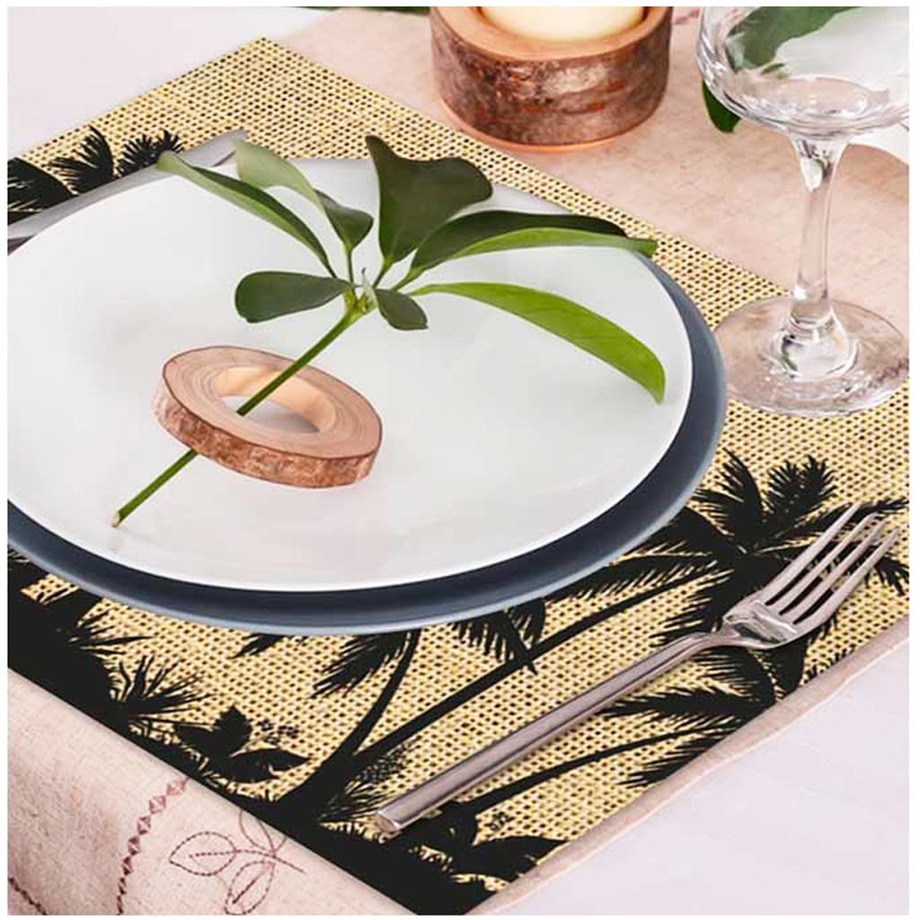 Les Trésors De Lily [Q4136] - Black Beige 'Palmier' Burlap Placemat - 42x30 Cm