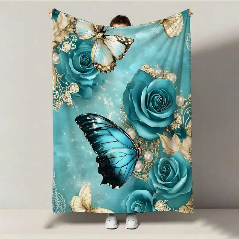 Luxury Blue Rose Butterfly Flannel Blanket - For Sofa, Travel, Bed, Camping, Office, Decoration, Multipurpose - Christmas 130x150cm