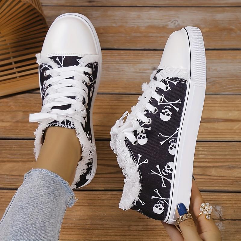 European and American Foreign Trade Large Size Halloween Skull 3D Print Low Top Lace-up Casual Flat Shoes for Women