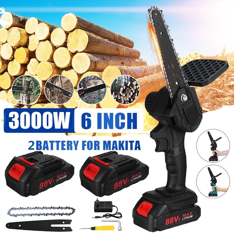 6 Inch 88V 3000W Mini Electric Chain Saw Cordless With 2Pcs Battery Woodworking Pruning ChainSaw One-handed Garden Logging Power Tool